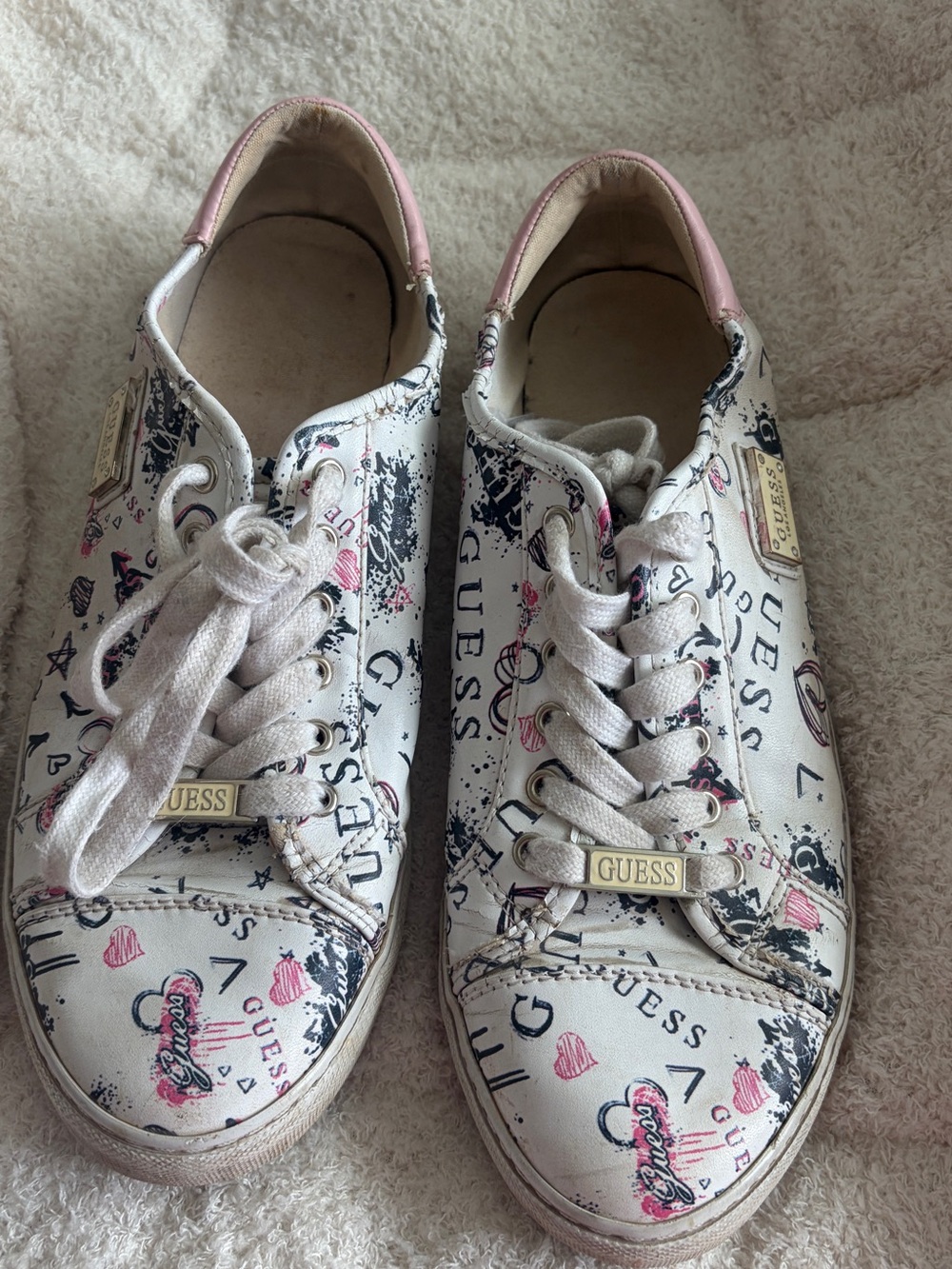 5 for $25 Guess White Sneakers with Pink and Navy Logo Print